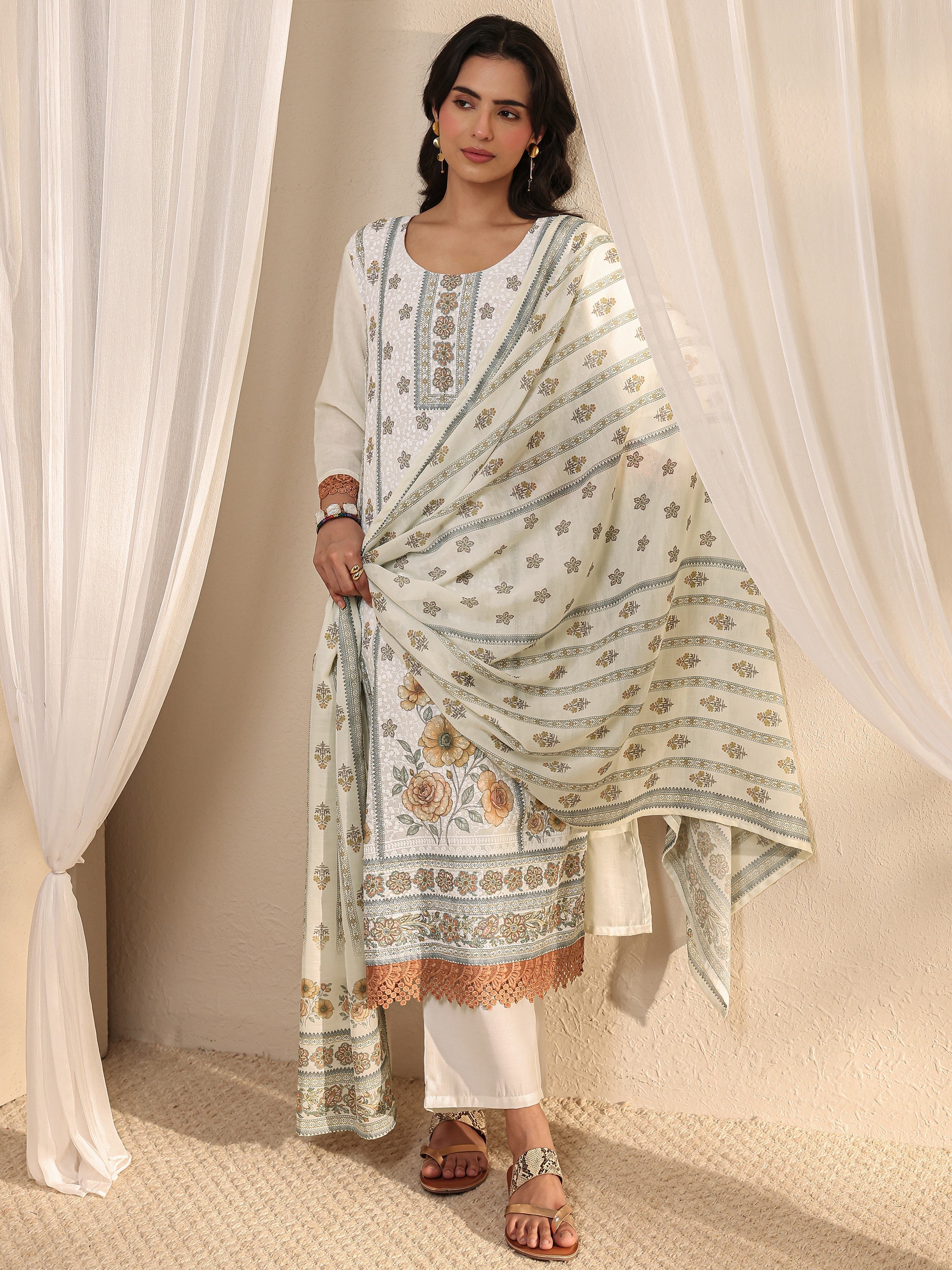 libas White Floral Printed Cotton Blend Straight Suit Set With Dupatta-picture-46
