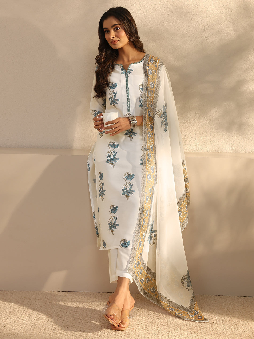 White Floral Printed Cotton Blend Straight Suits Set With Dupatta