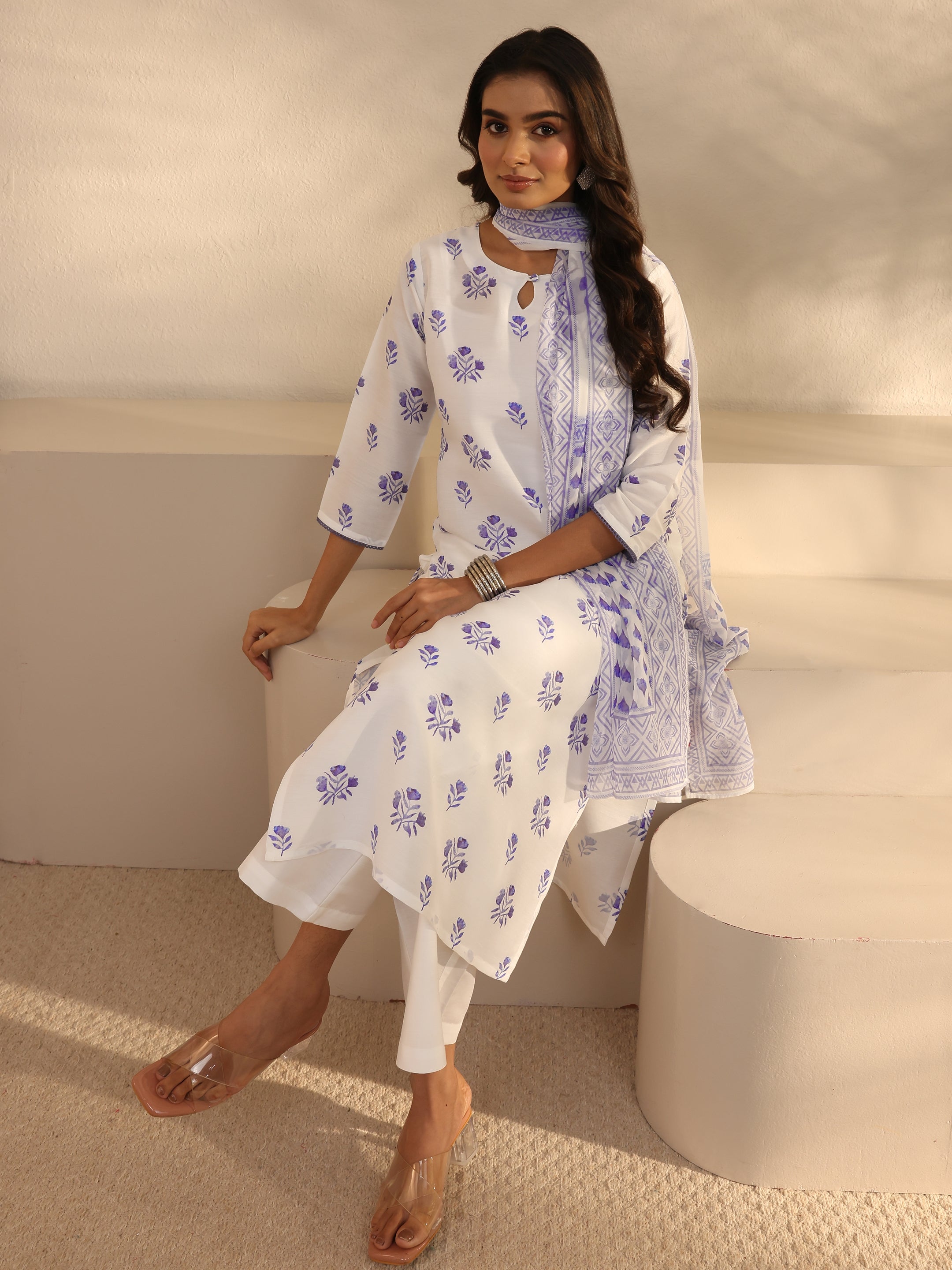 White Floral Printed Cotton Blend Straight Suits Set With Dupatta-image-43