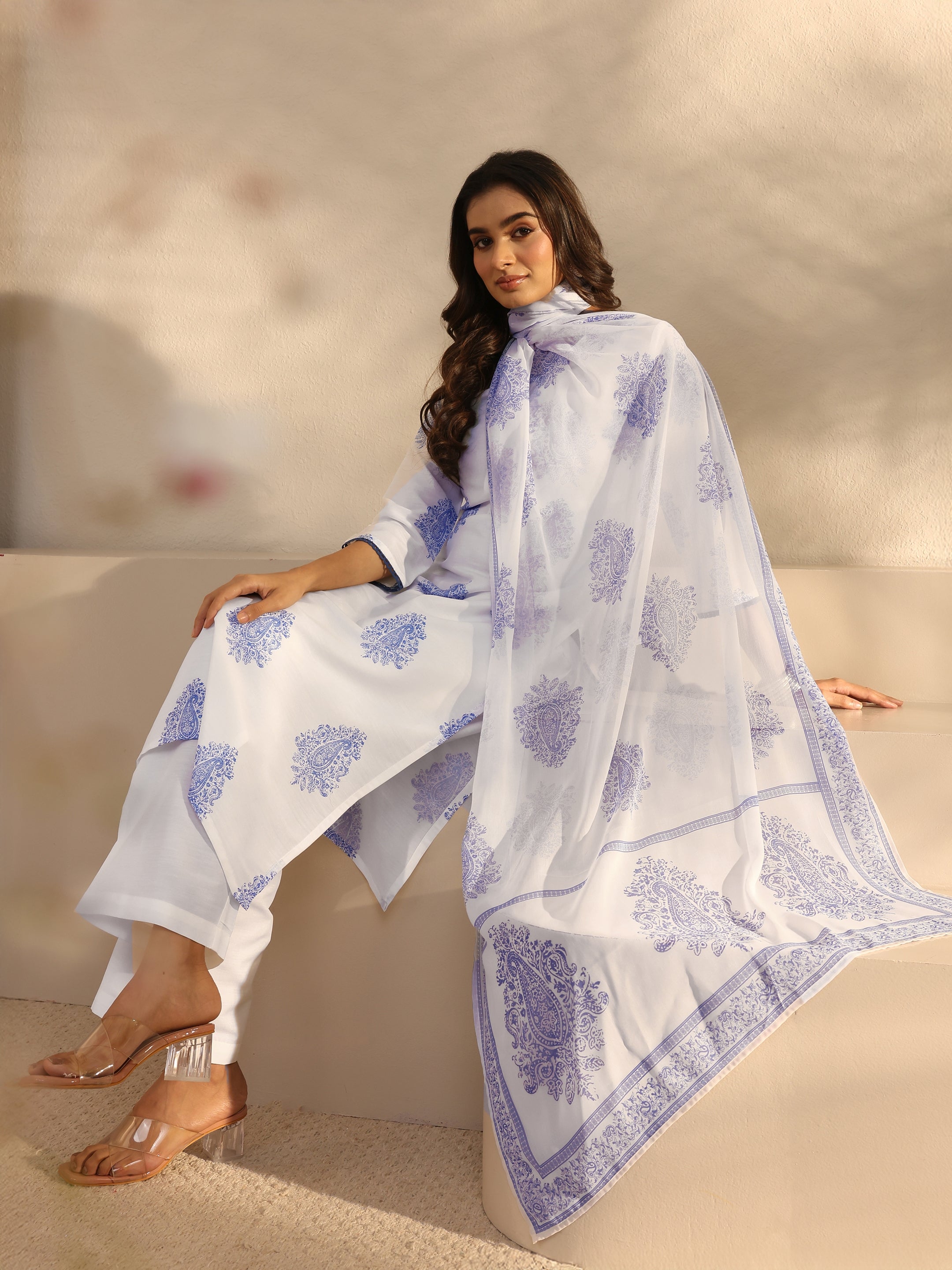 White Floral Printed Cotton Blend Straight Suits Set With Dupatta-image-45