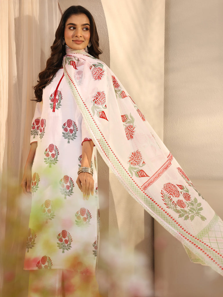 Libas White Floral Printed Cotton Blend Straight Suits Set With Dupatta