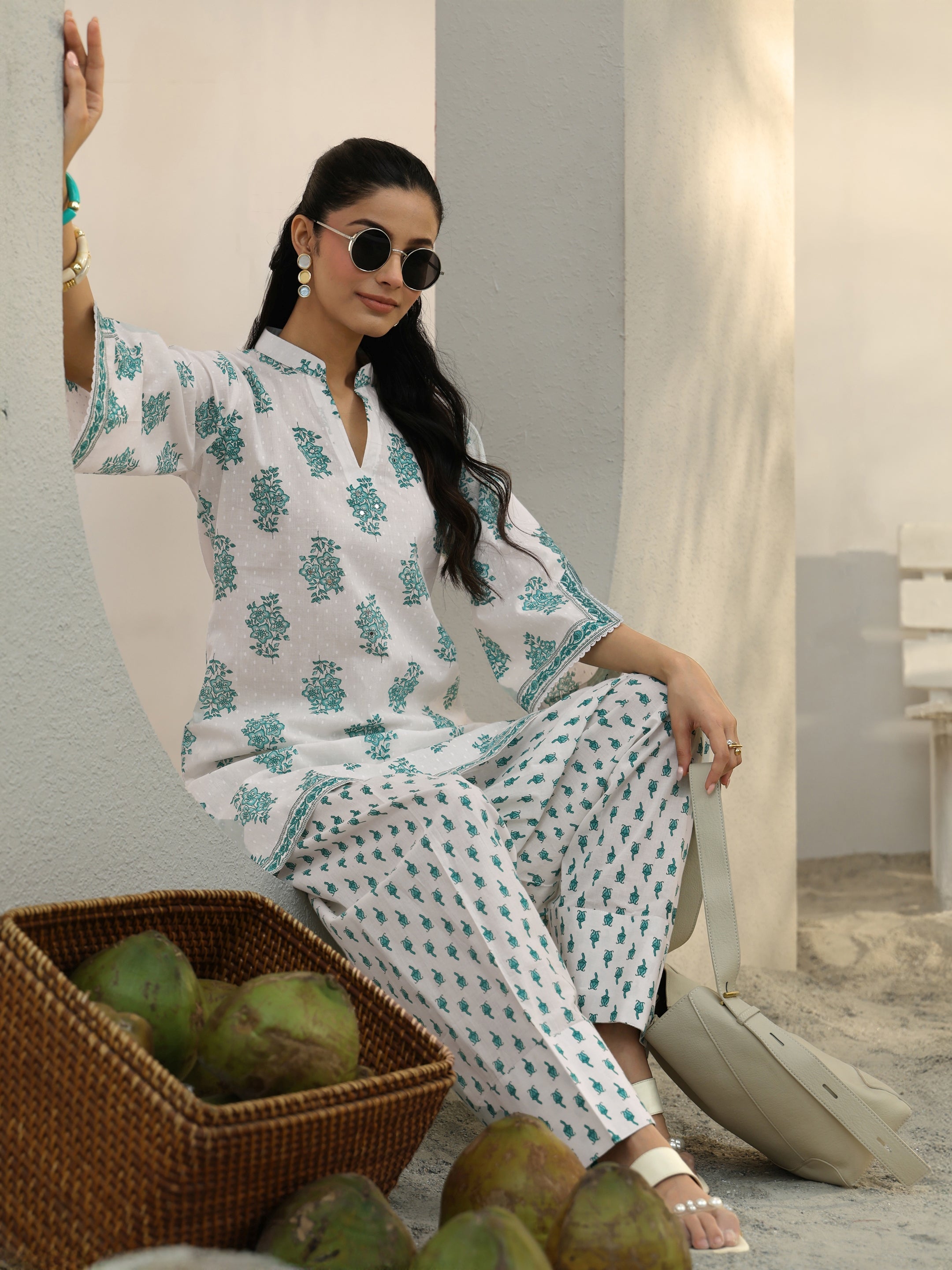 White Floral Printed Cotton Co-Ord Set-image-9