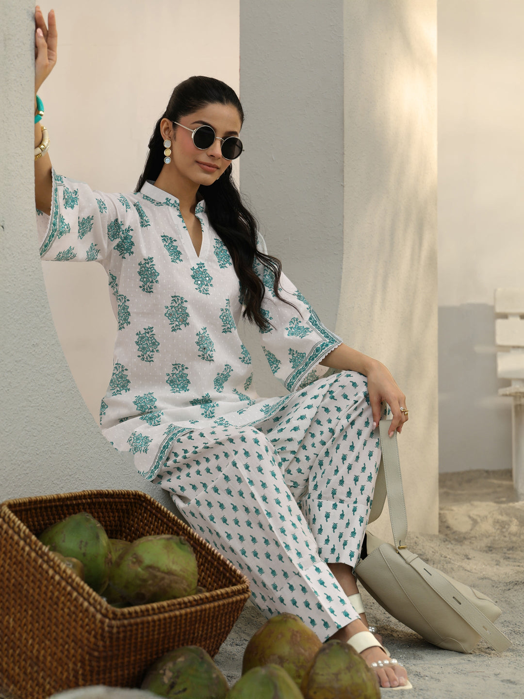  White Floral Printed Cotton Co-Ord Set 