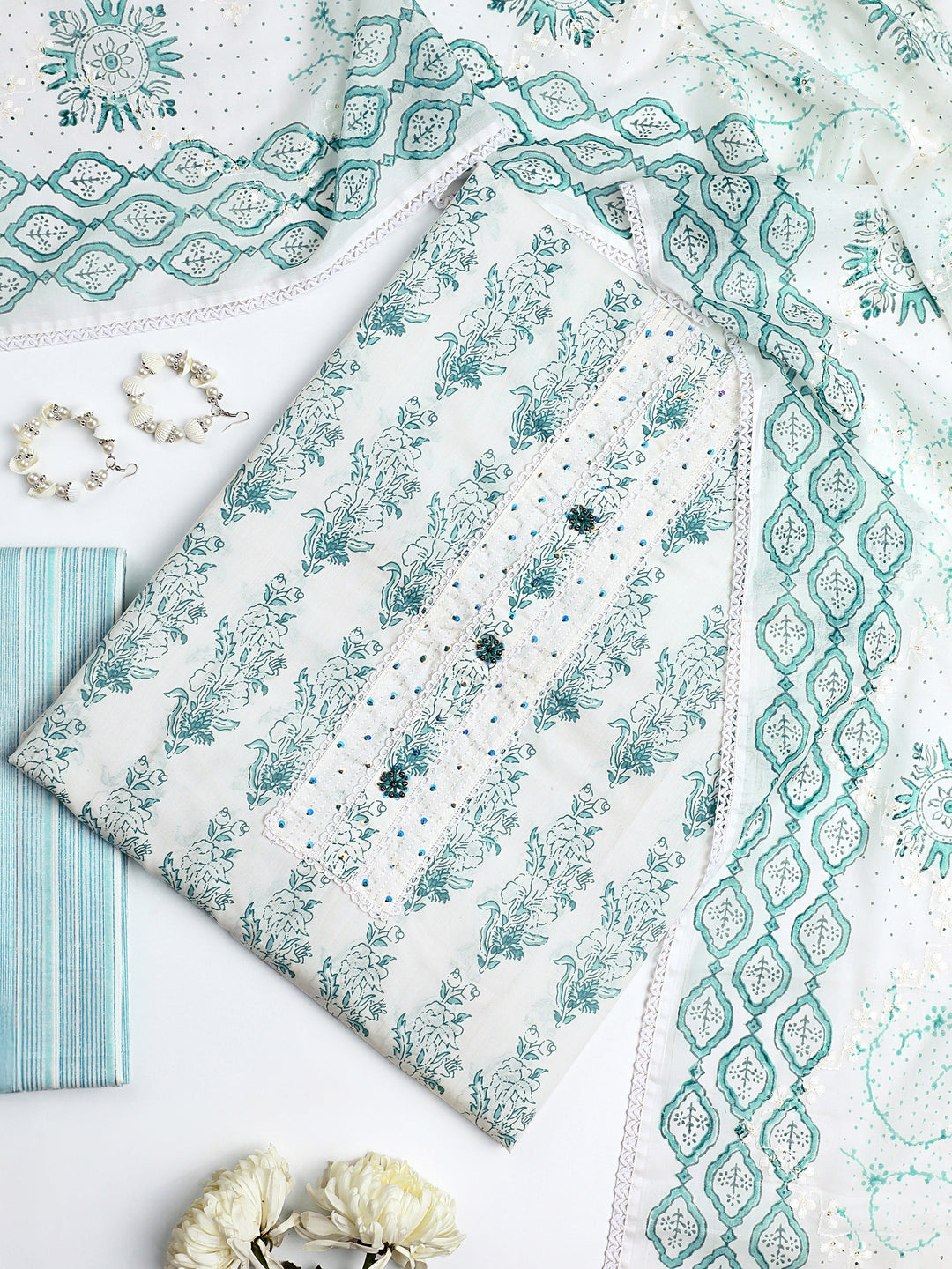 White Floral Printed Cotton Dress Material With Dupatta