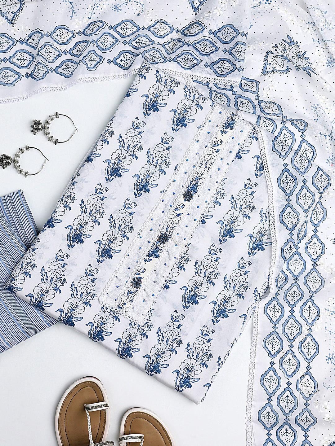 White Floral Printed Cotton Dress Material With Dupatta