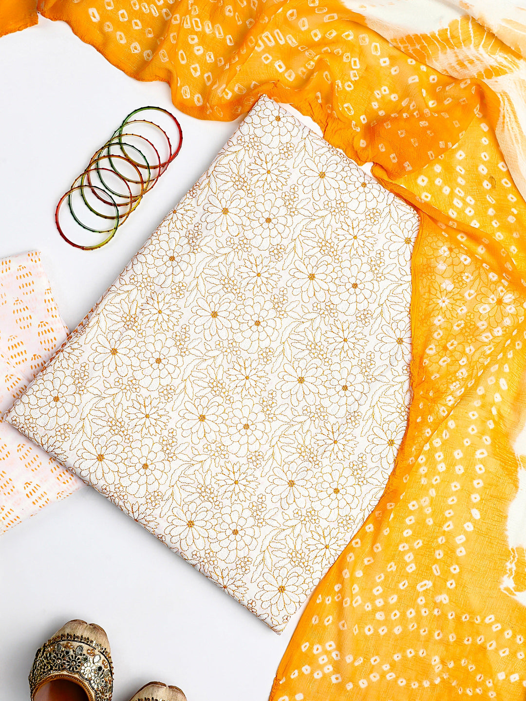 White Floral Printed Cotton Dress Material With Dupatta