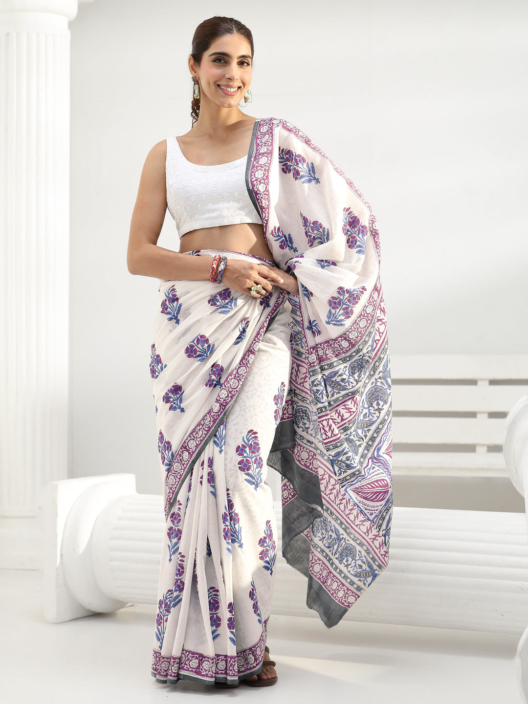  White Floral Printed Cotton Saree 