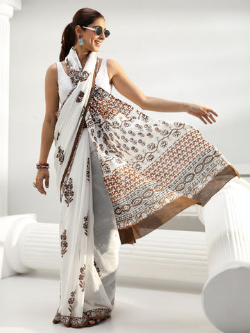White Floral Sanganeri Print Cotton Saree