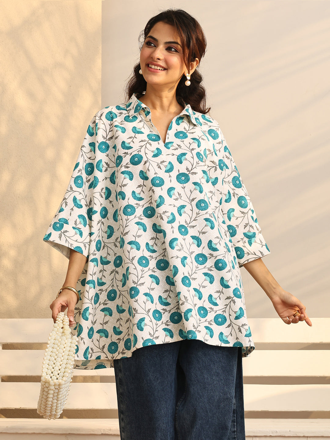 White Floral Printed Cotton Straight Short Kurti