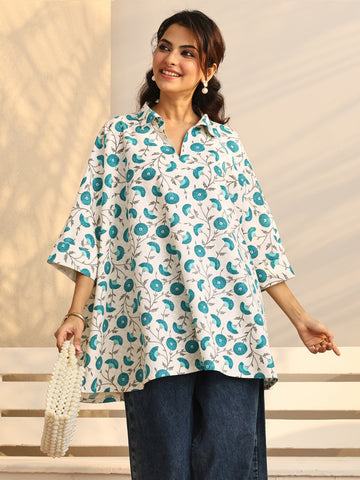White Floral Printed Cotton Straight Short Kurti