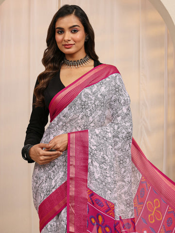White Floral Printed Silk Blend Saree 
With Unstitched Blouse Piece