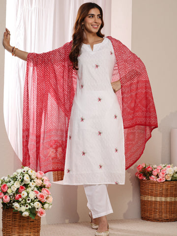 Libas White Floral Woven Design Cotton Straight Suit Set With Dupatta