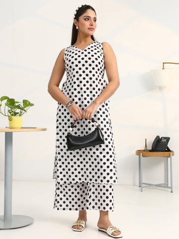 White Geometric Printed Cotton Blend Straight Kurta Set