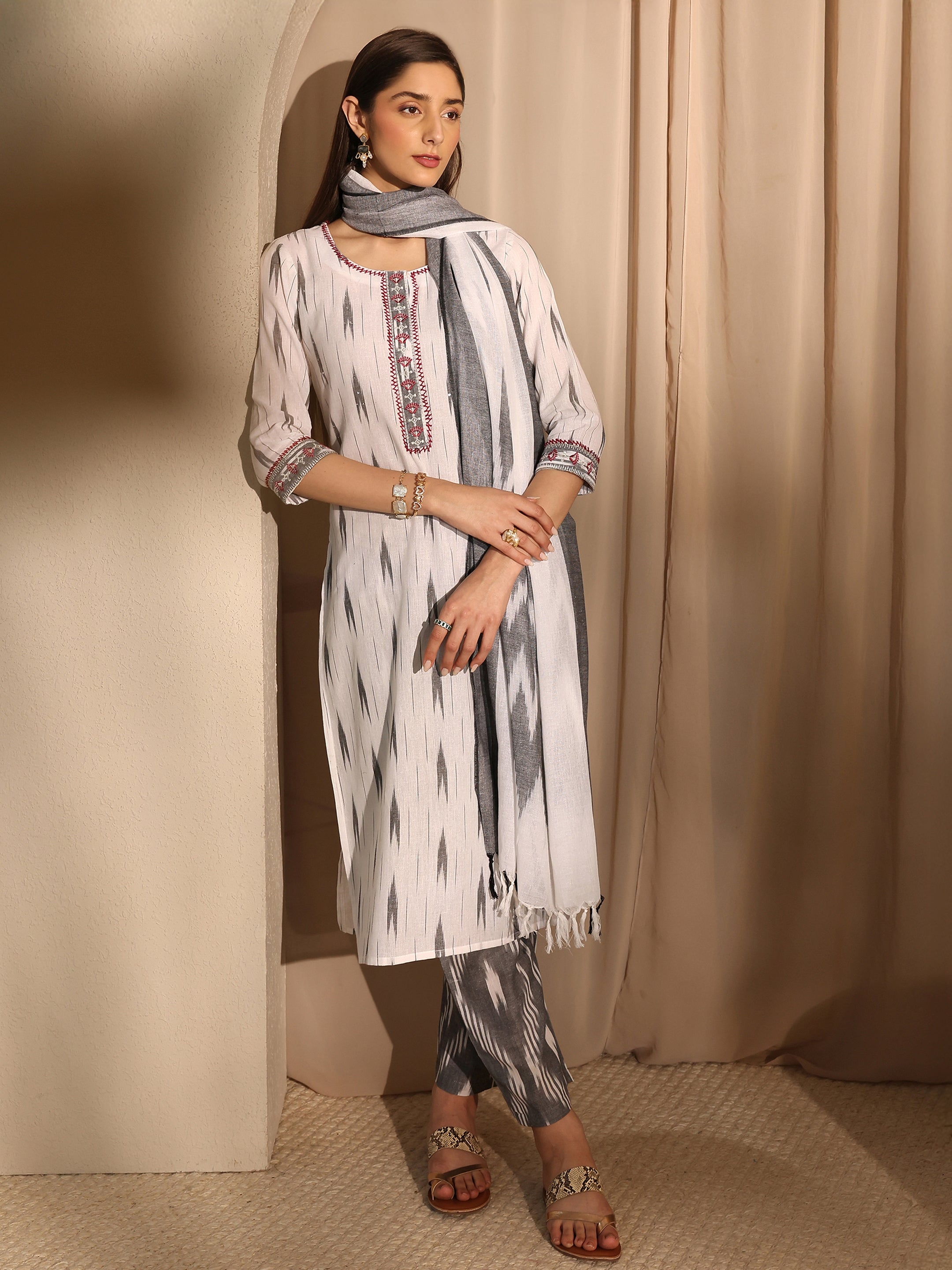 libas White Ikkat Printed Cotton Straight Suit Set With Dupatta-picture-13