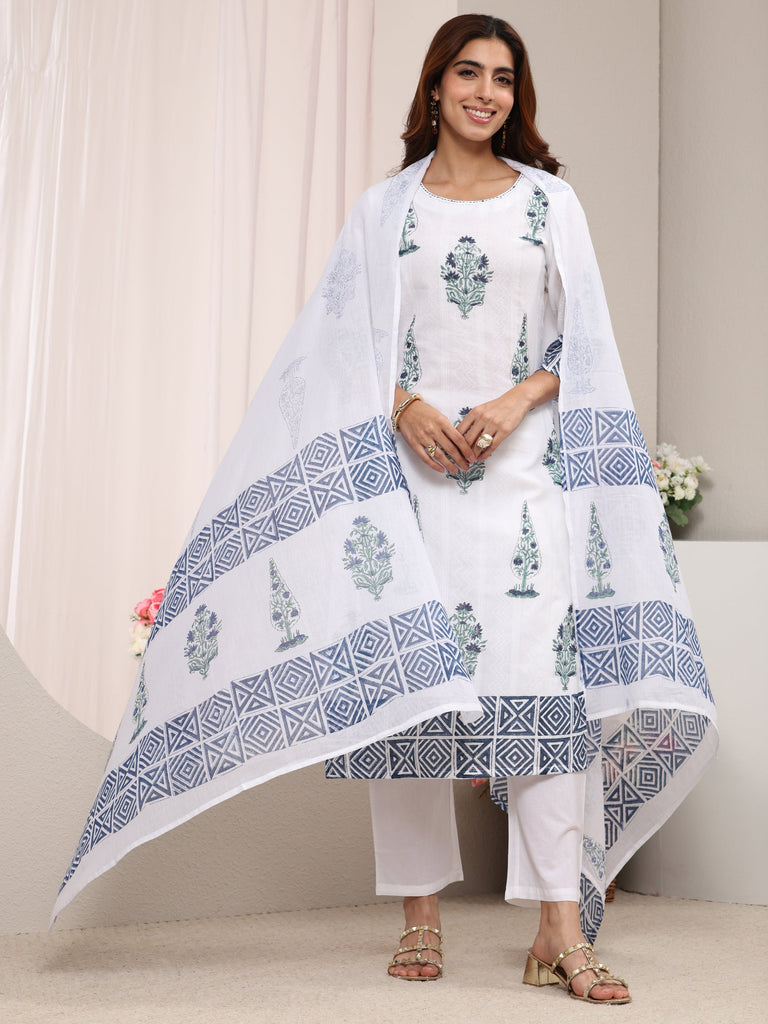 Libas White Multi Printed Cotton Straight Suit Set With Dupatta