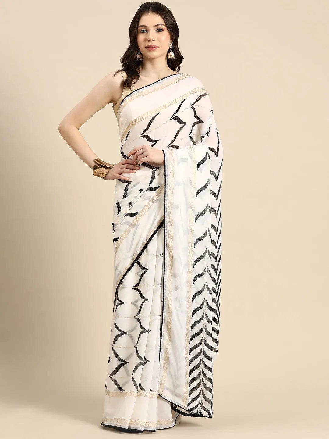 White Printed Chiffon Saree