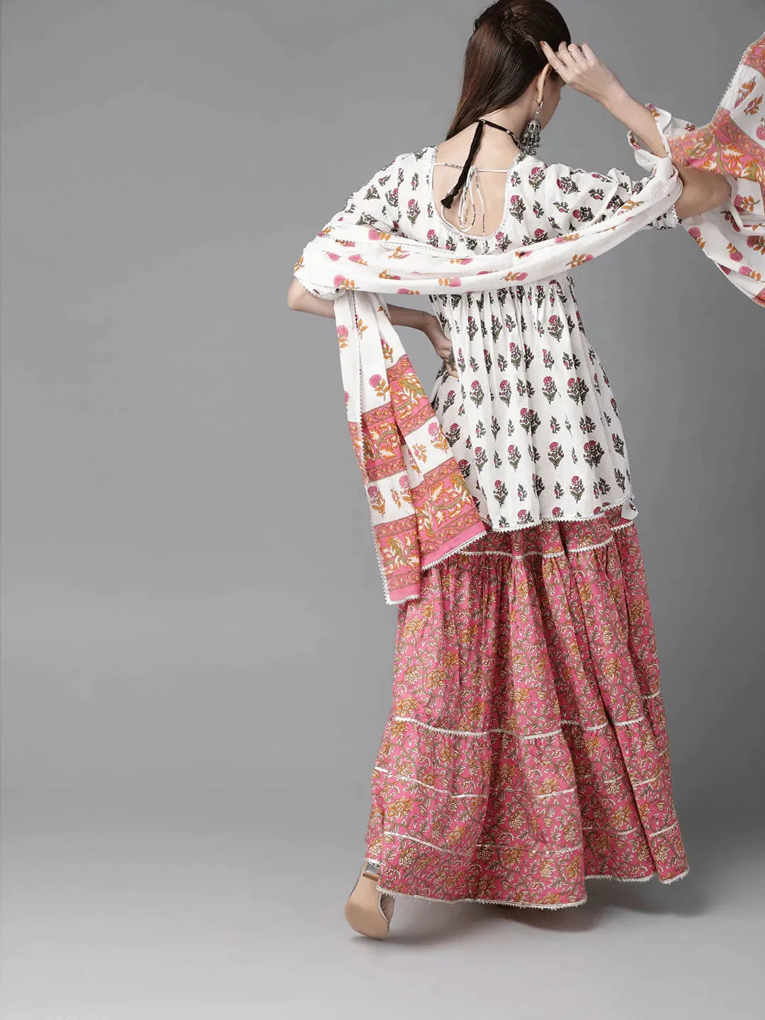 

White Printed Cotton A-Line Kurta With Skirt & Dupatta