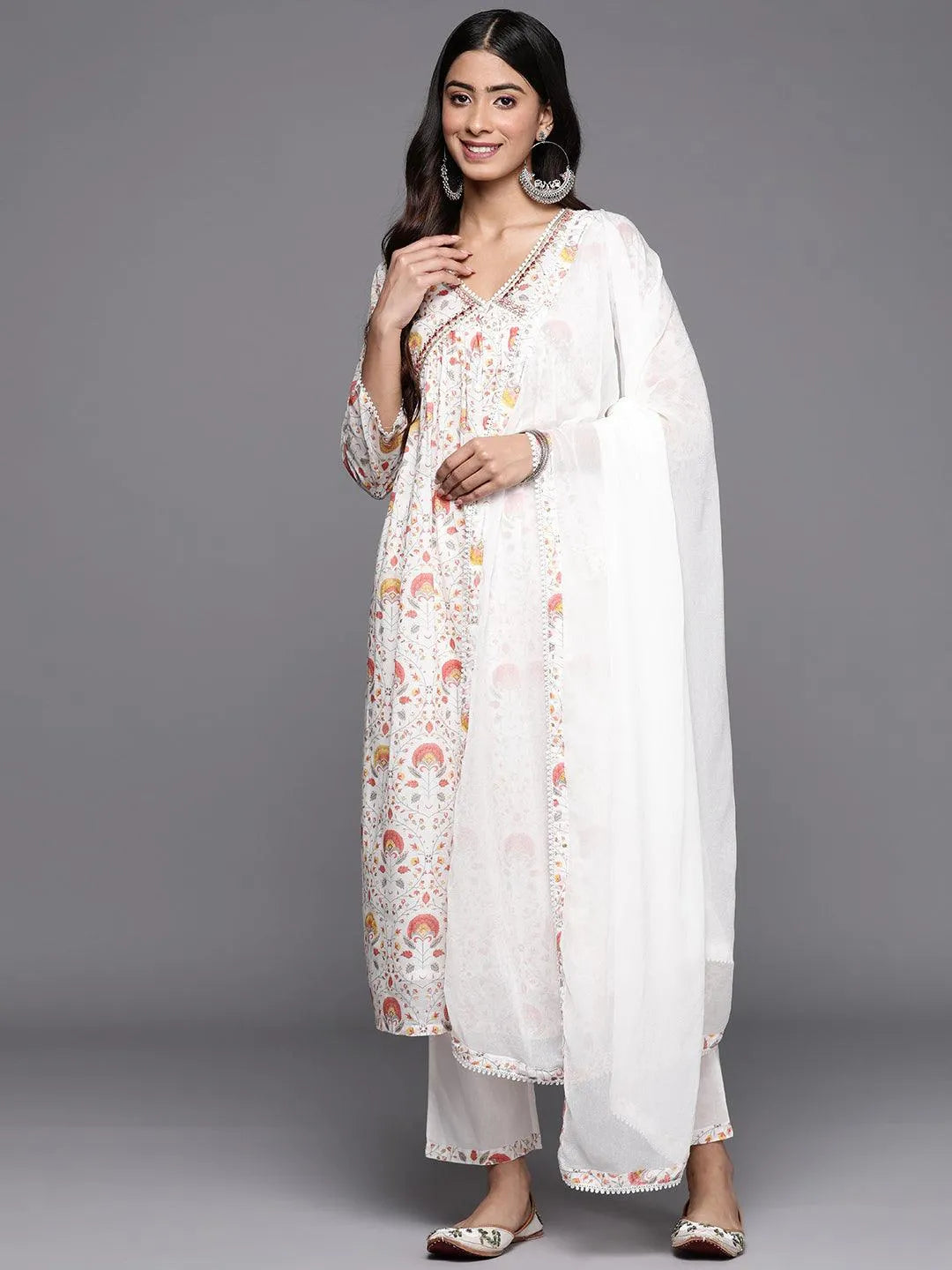 

White Printed Cotton A-Line Kurta With Trousers & Dupatta
