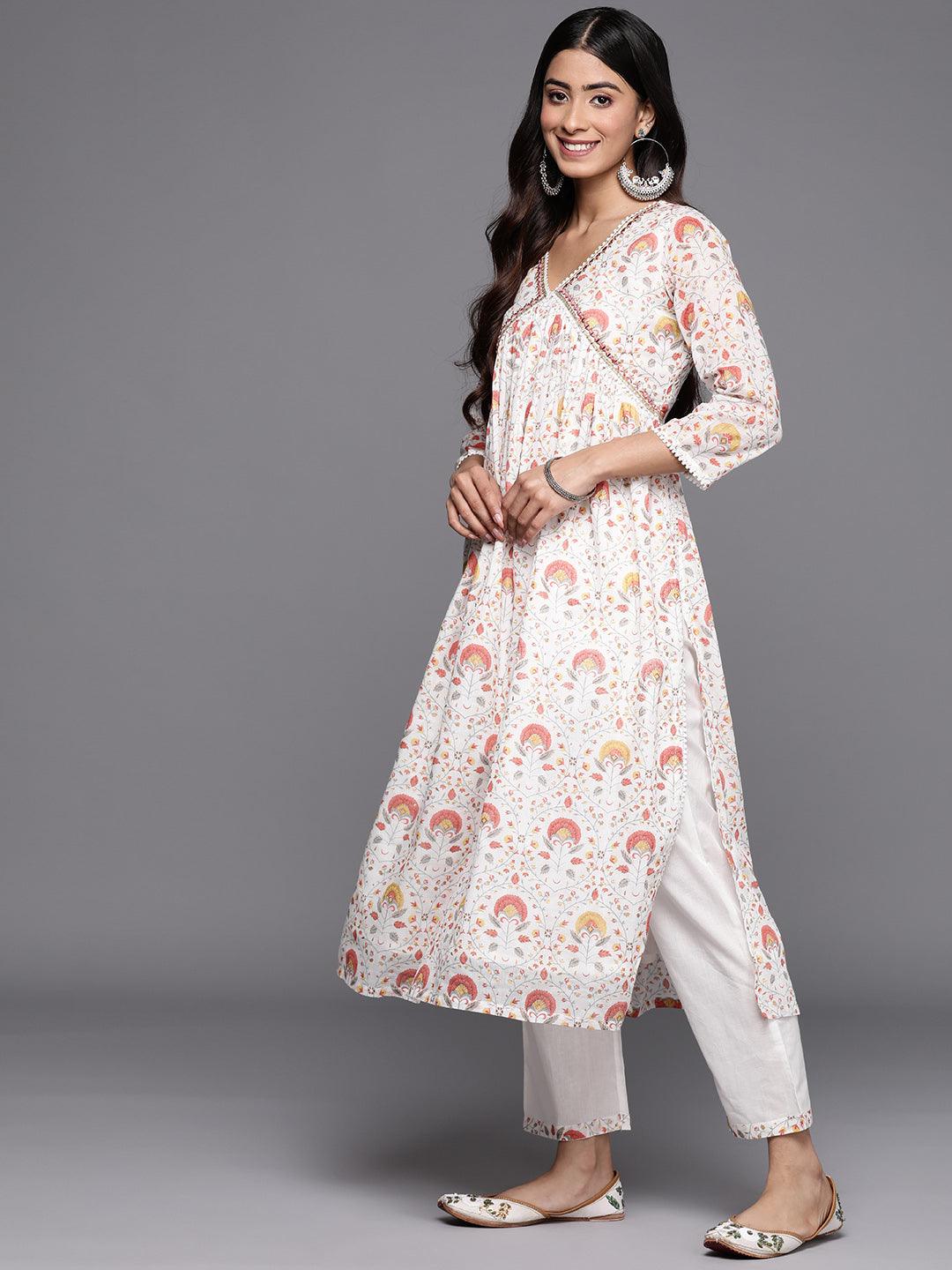 White Printed Cotton A-Line Suit Set With Trousers - Libas