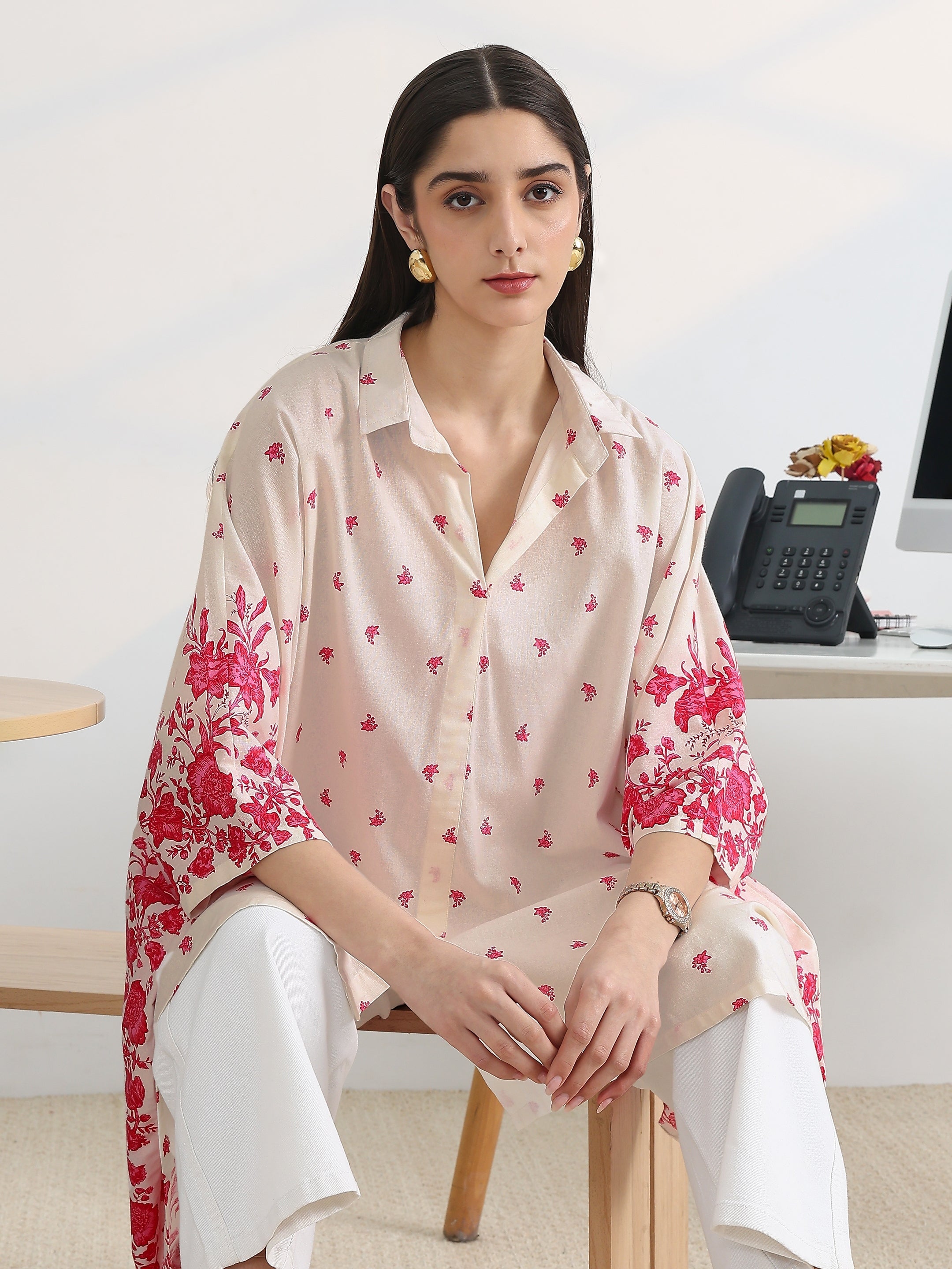 White Printed Cotton A-Line Short Kurti-image-27