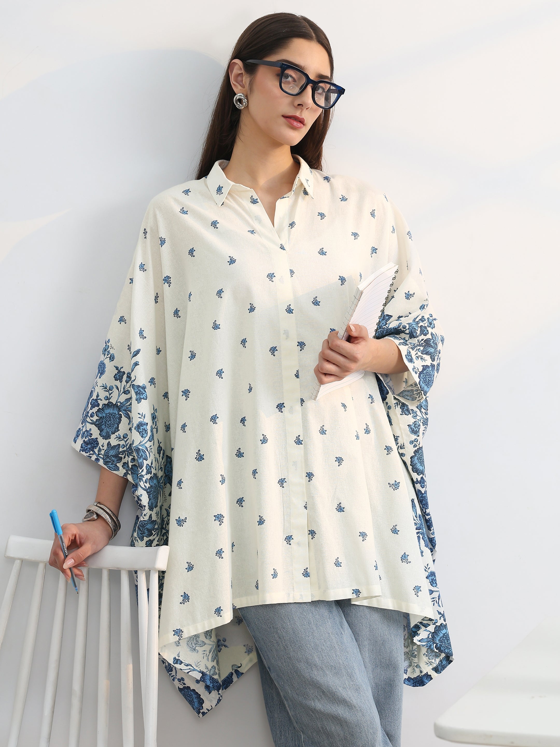 White Printed Cotton A-Line Short Kurti-image-28