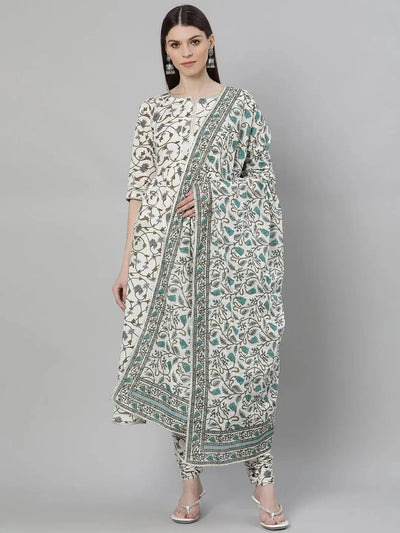 White Printed Cotton Suit Set - Libas