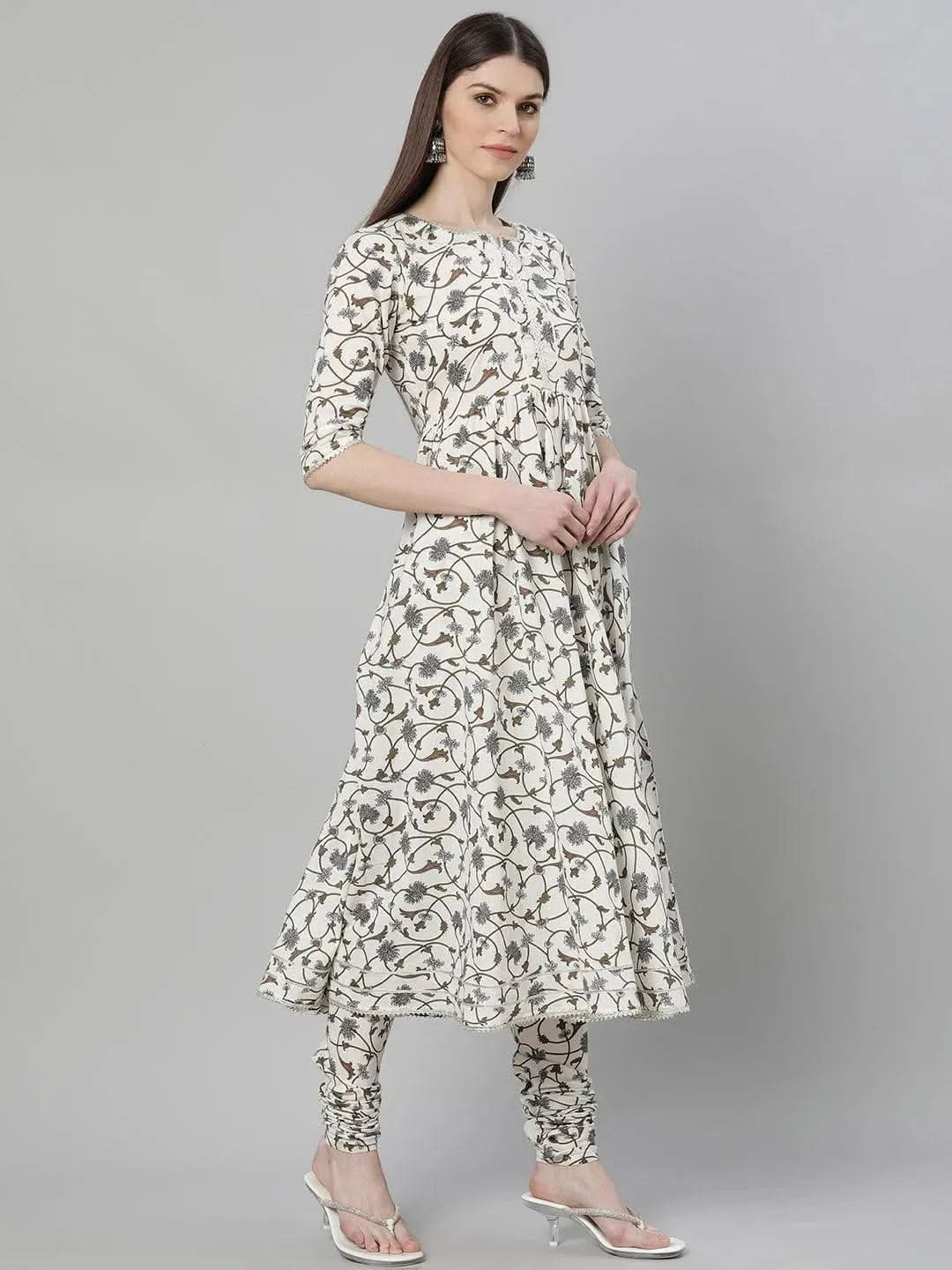 Women's White Printed Cotton Anarkali Kurta with Dupatta