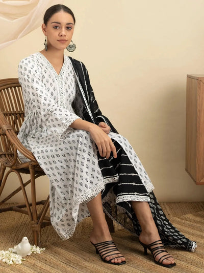 White Printed Cotton Suit Set - Libas