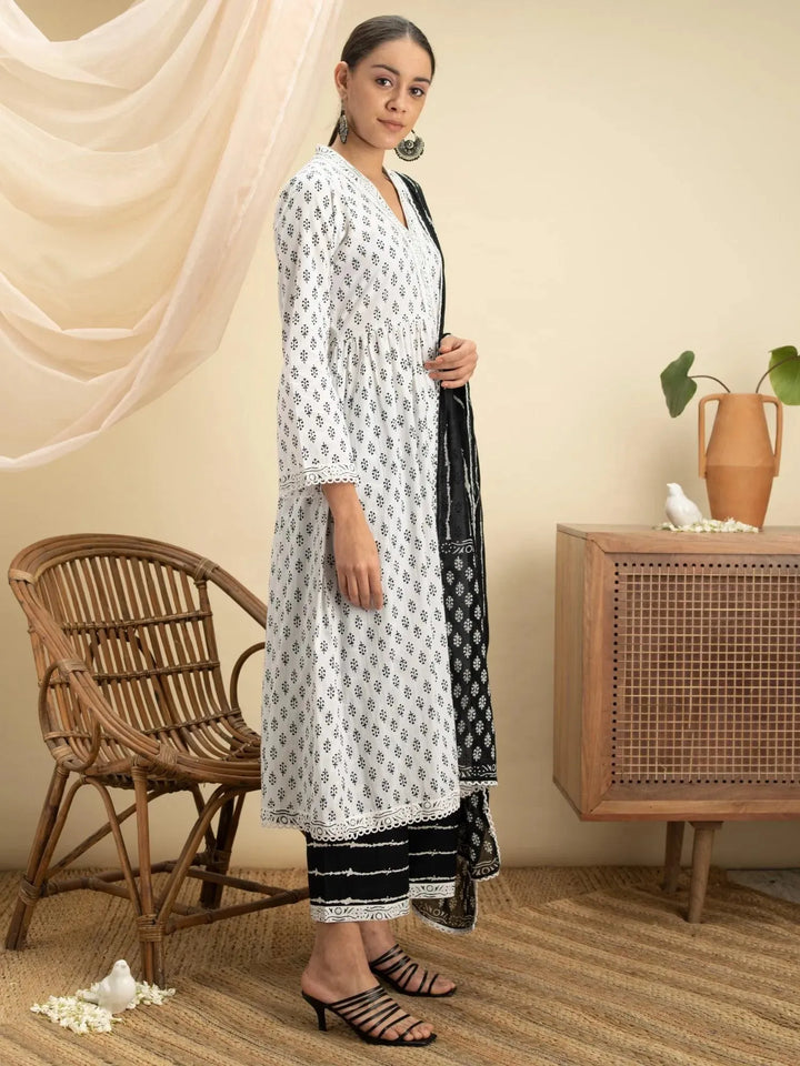 White Printed Cotton Suit Set - Libas