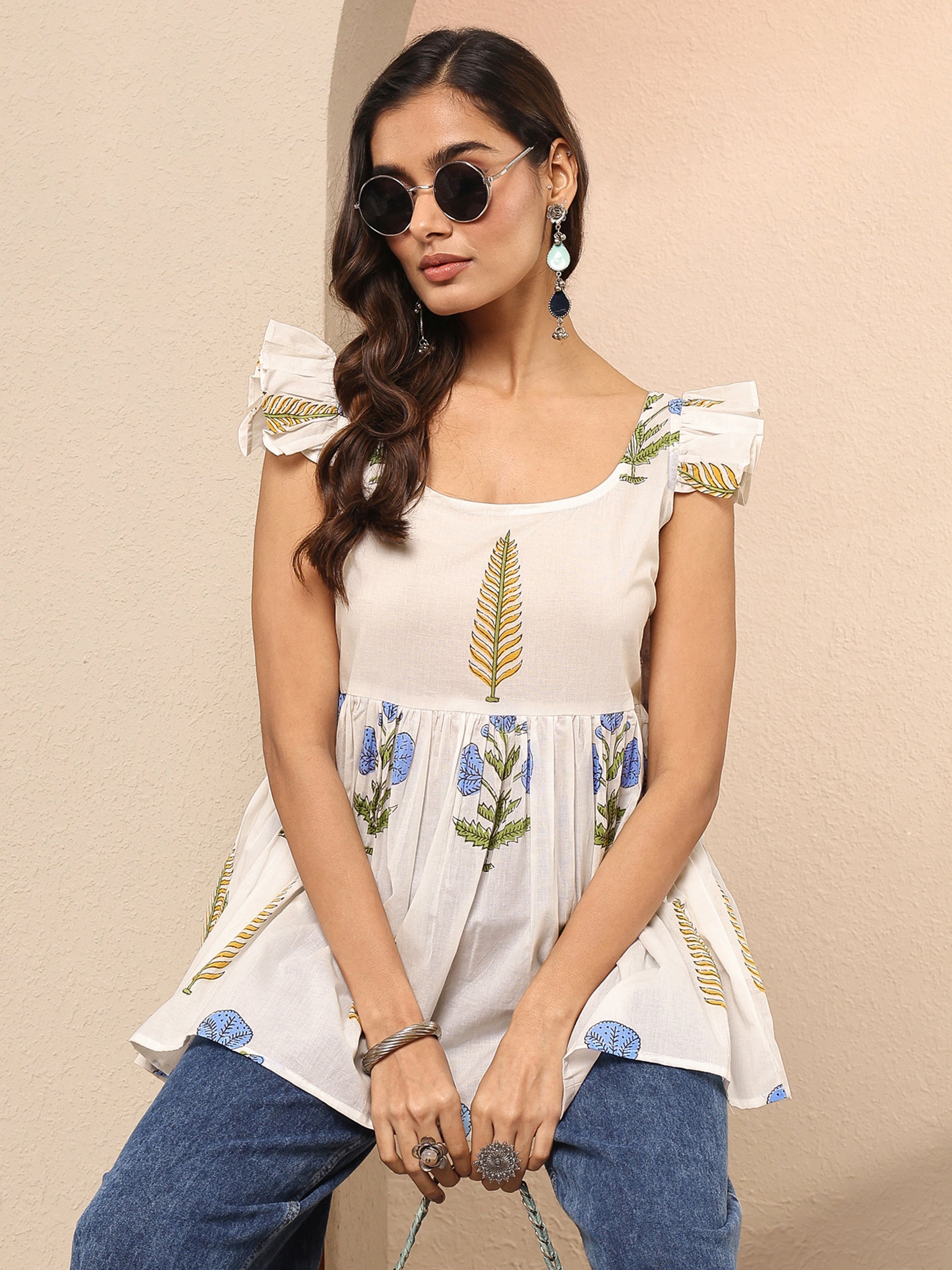 White Printed Cotton Anarkali Short Kurti-image-8