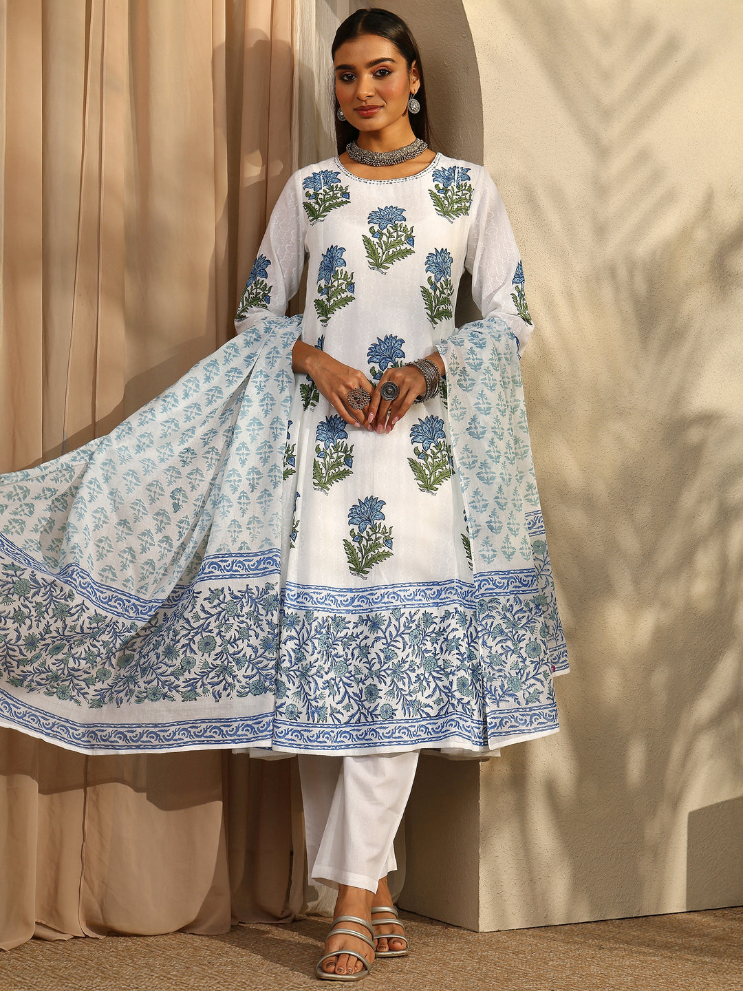 White Printed Cotton Anarkali Suit Set With Dupatta