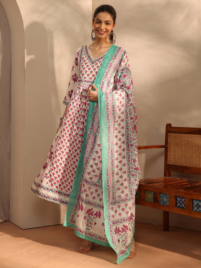 Libas White Printed Cotton Anarkali Suit Set With Dupatta