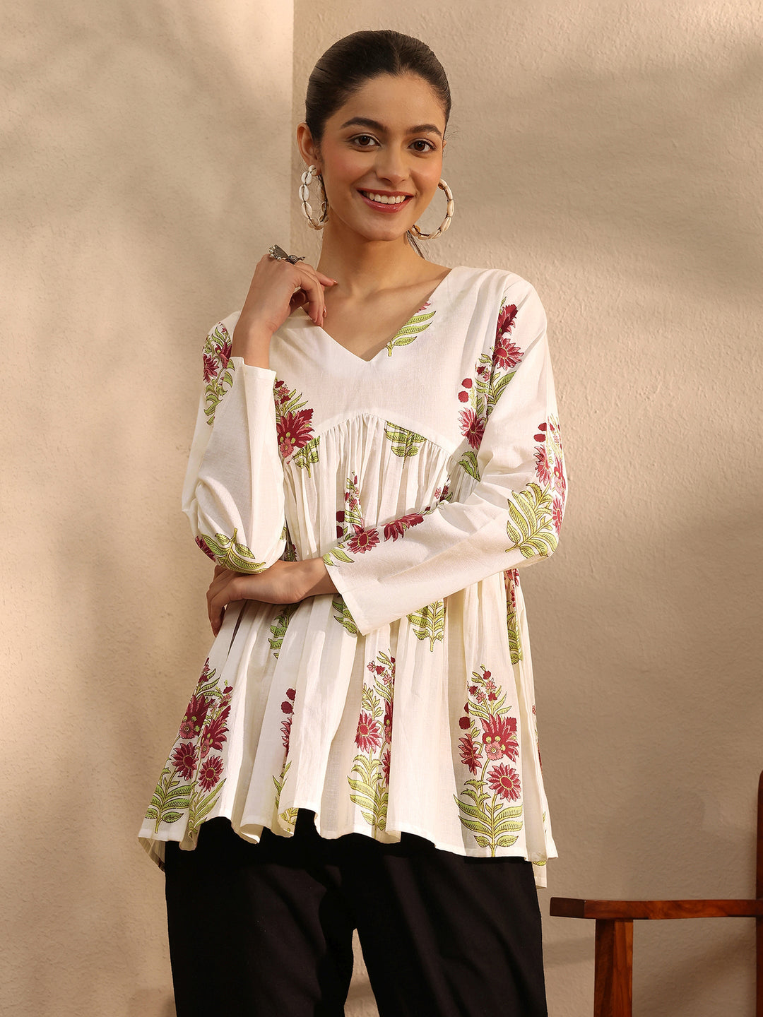 White Printed Cotton Blend A-Line Short Kurti