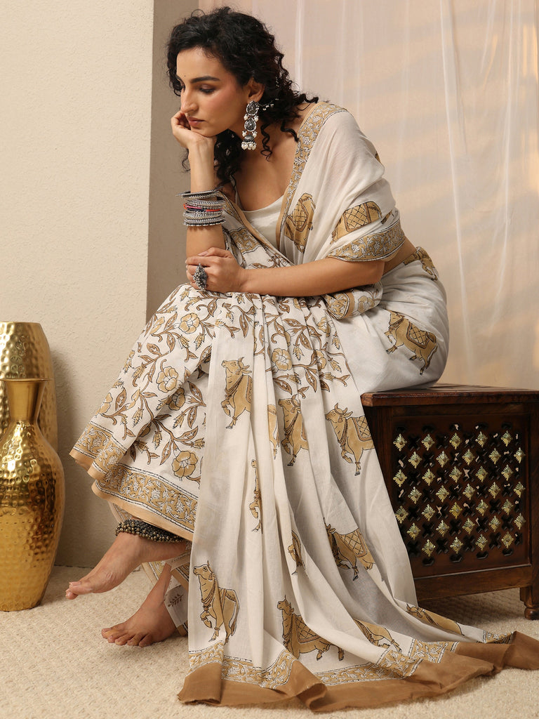 Libas White Printed Cotton Blend Saree With Unstitched Blouse Piece
