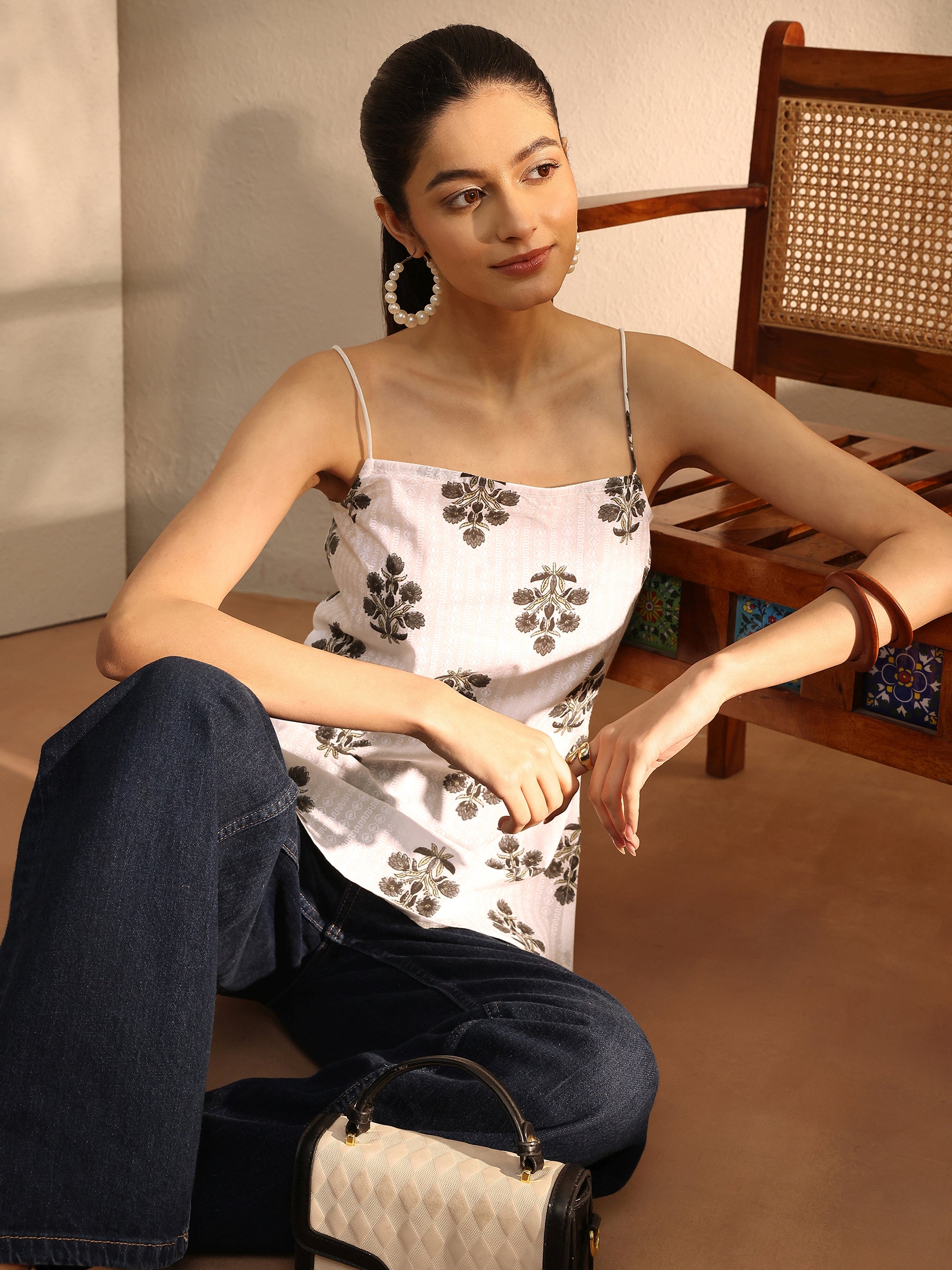 White Printed Cotton Blend Straight Short Kurti-image-40