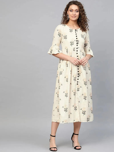 White Printed Cotton Dress - Libas