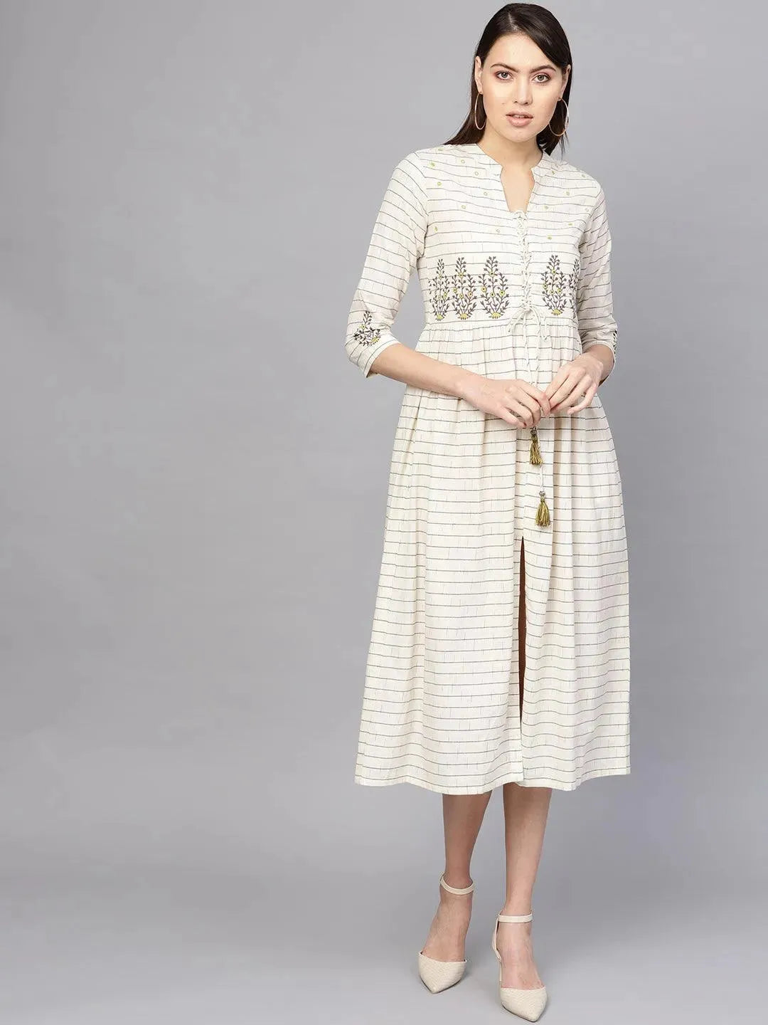 White Printed Cotton Dress - Libas