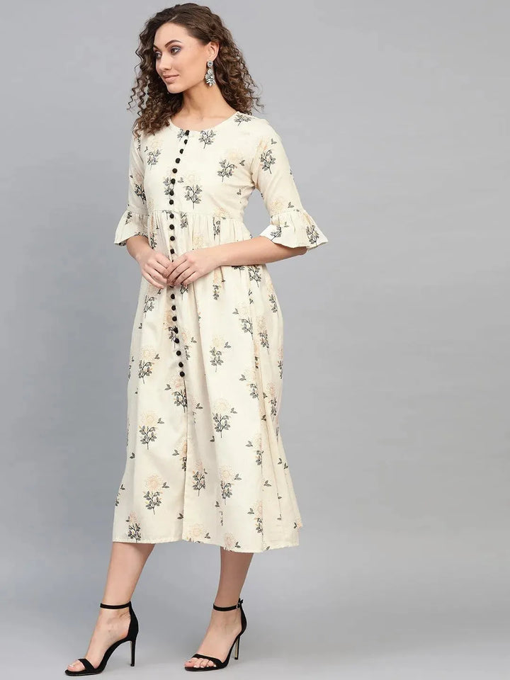 White Printed Cotton Dress - Libas
