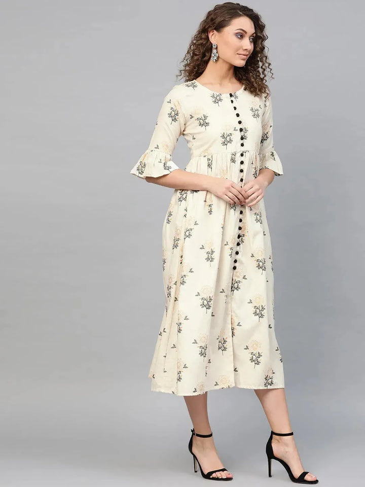 White Printed Cotton Dress - Libas