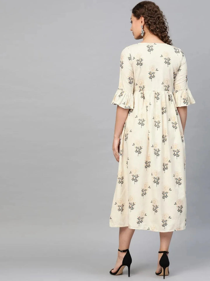 White Printed Cotton Dress - Libas