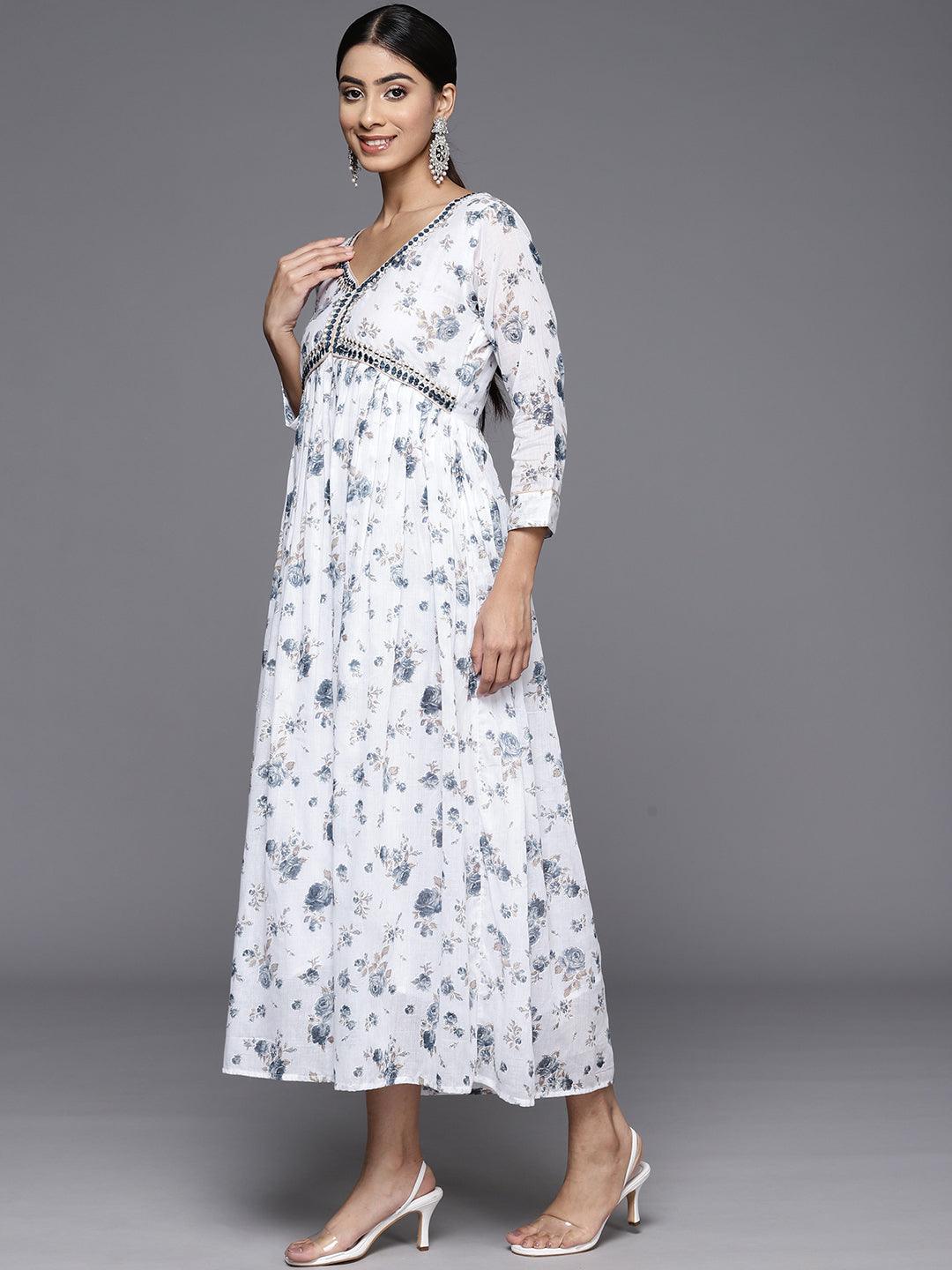 White Printed Cotton Fit and Flarev Dress - Libas
