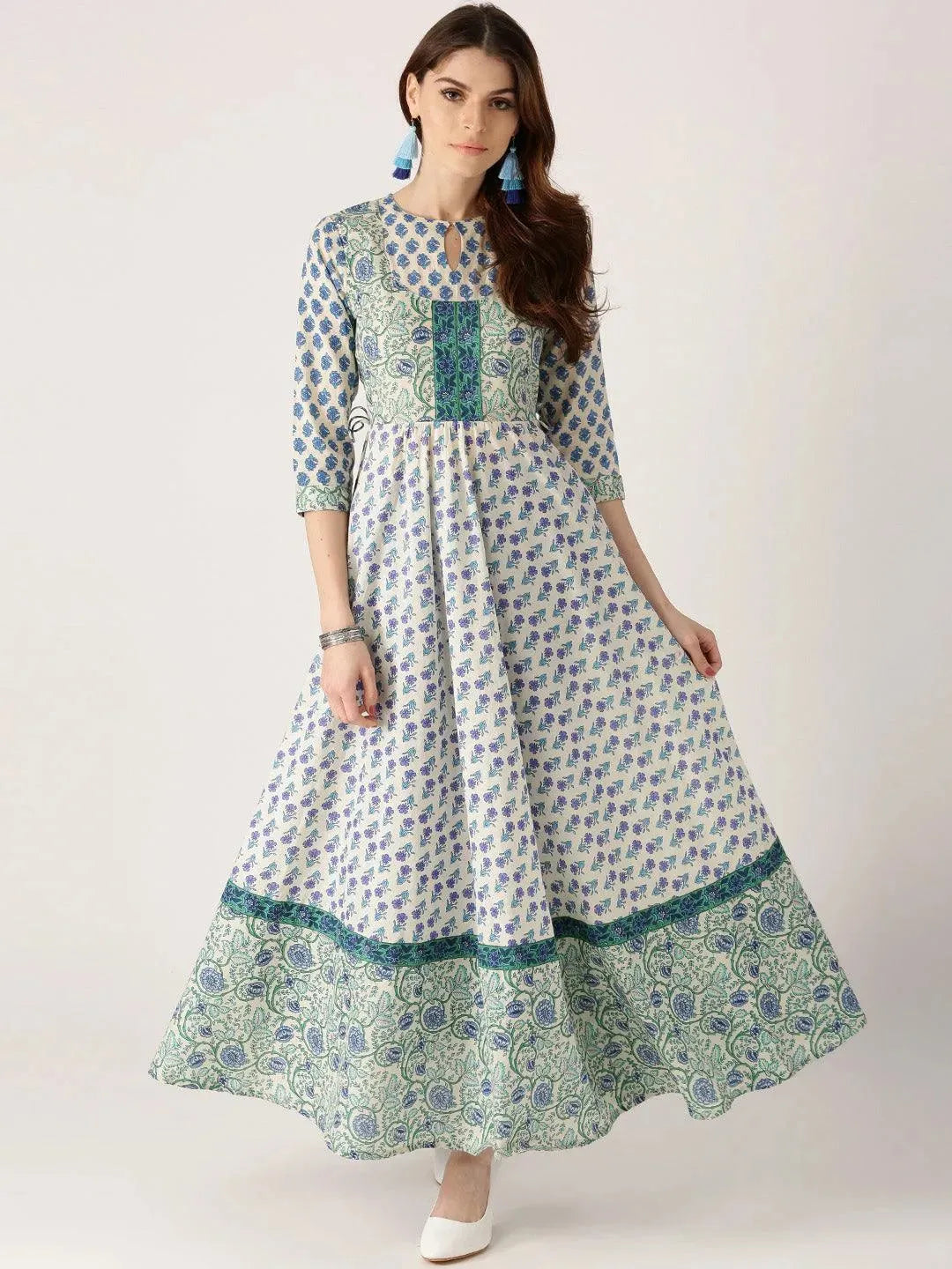 White Printed Cotton Kurta - Libas
