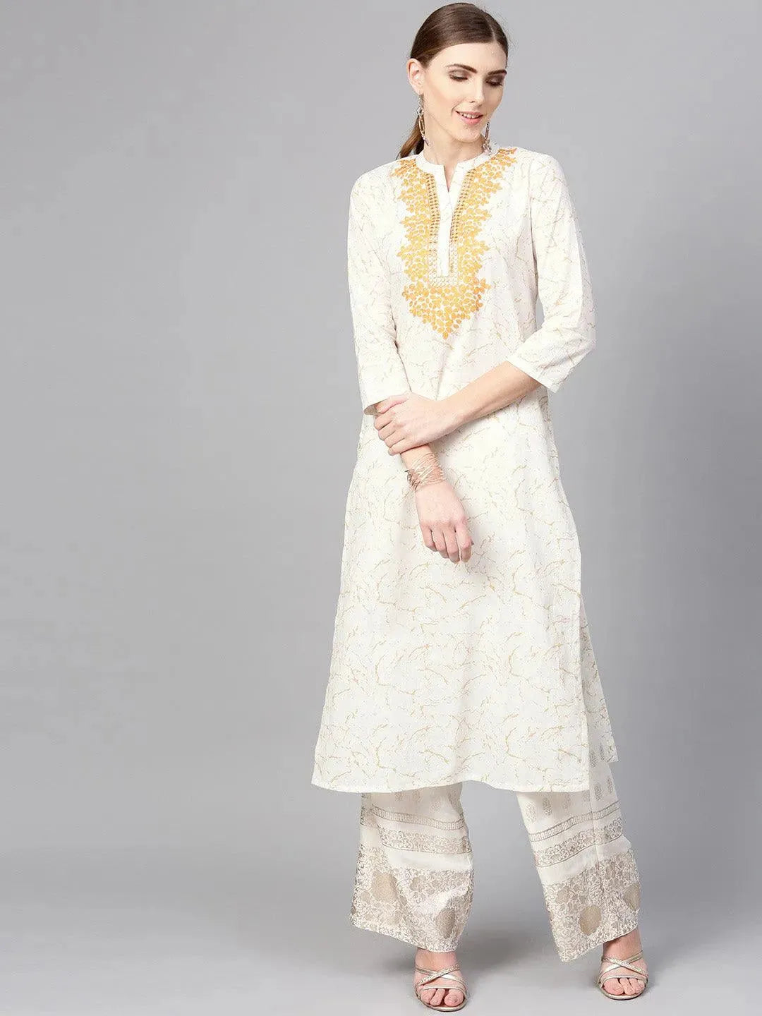 White Printed Cotton Kurta - Libas