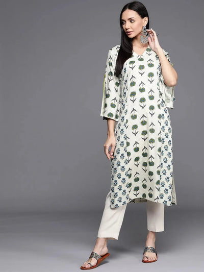 White Printed Cotton Kurta - Libas