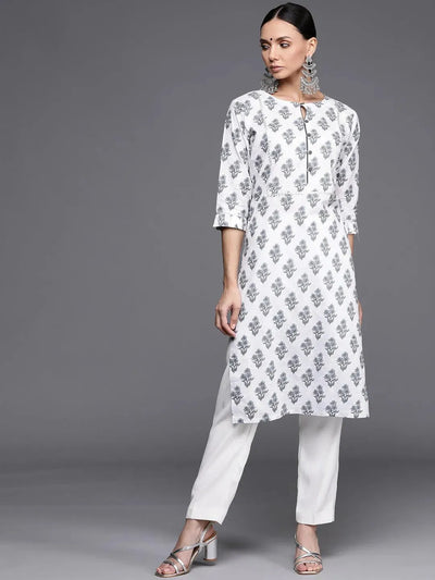 White Printed Cotton Kurta - Libas