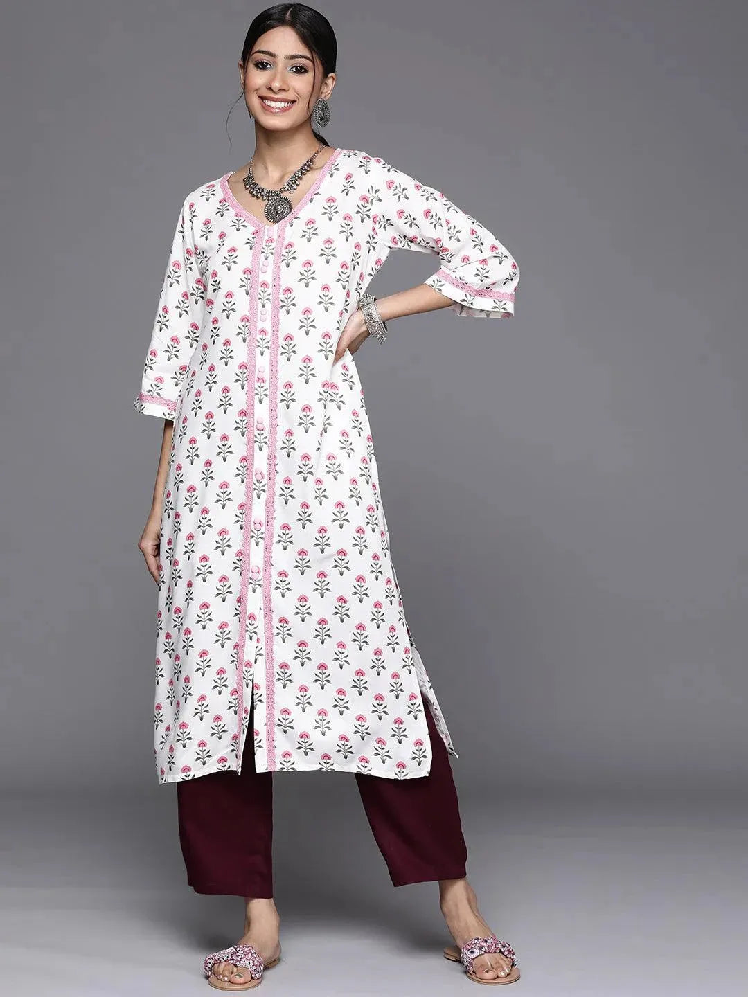 White Printed Cotton Kurta - Libas