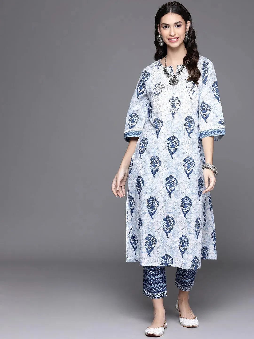 White Printed Cotton Kurta - Libas