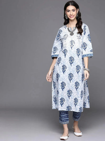 White Printed Cotton Kurta - Libas