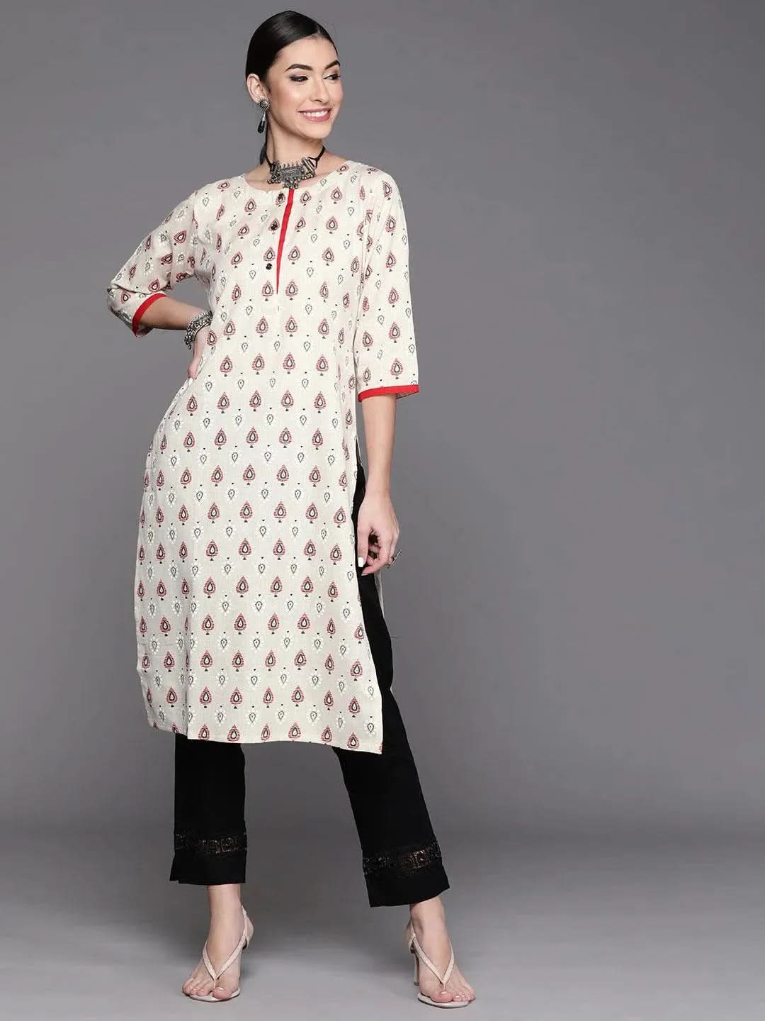  White Printed Cotton Kurta 