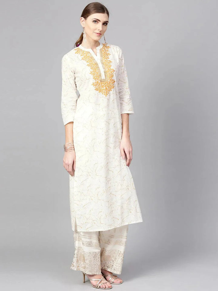 White Printed Cotton Kurta - Libas